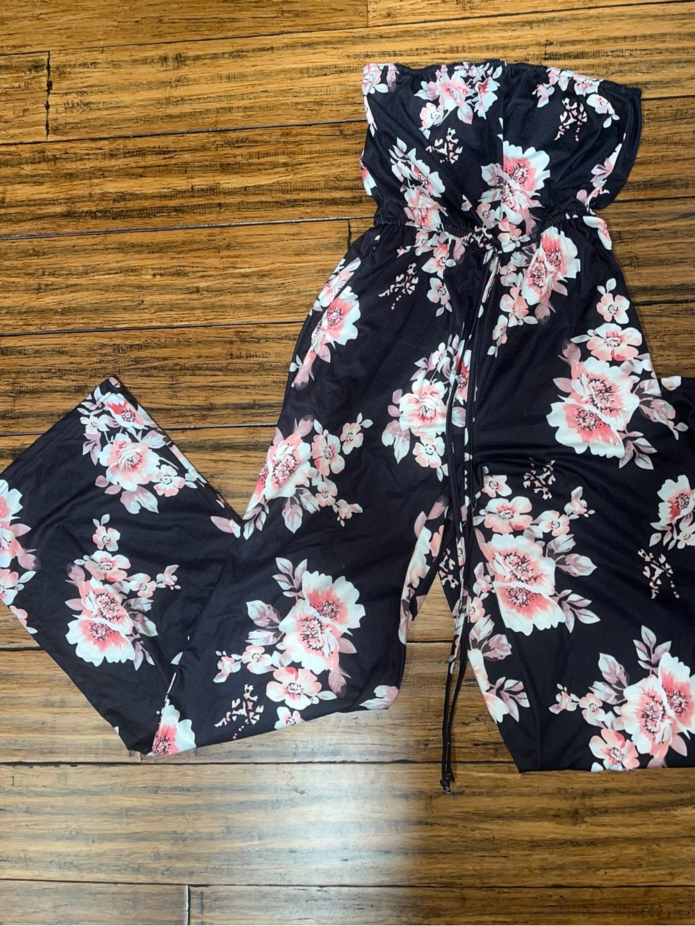 Floral Strapless Jumpsuit in Black and Pink
